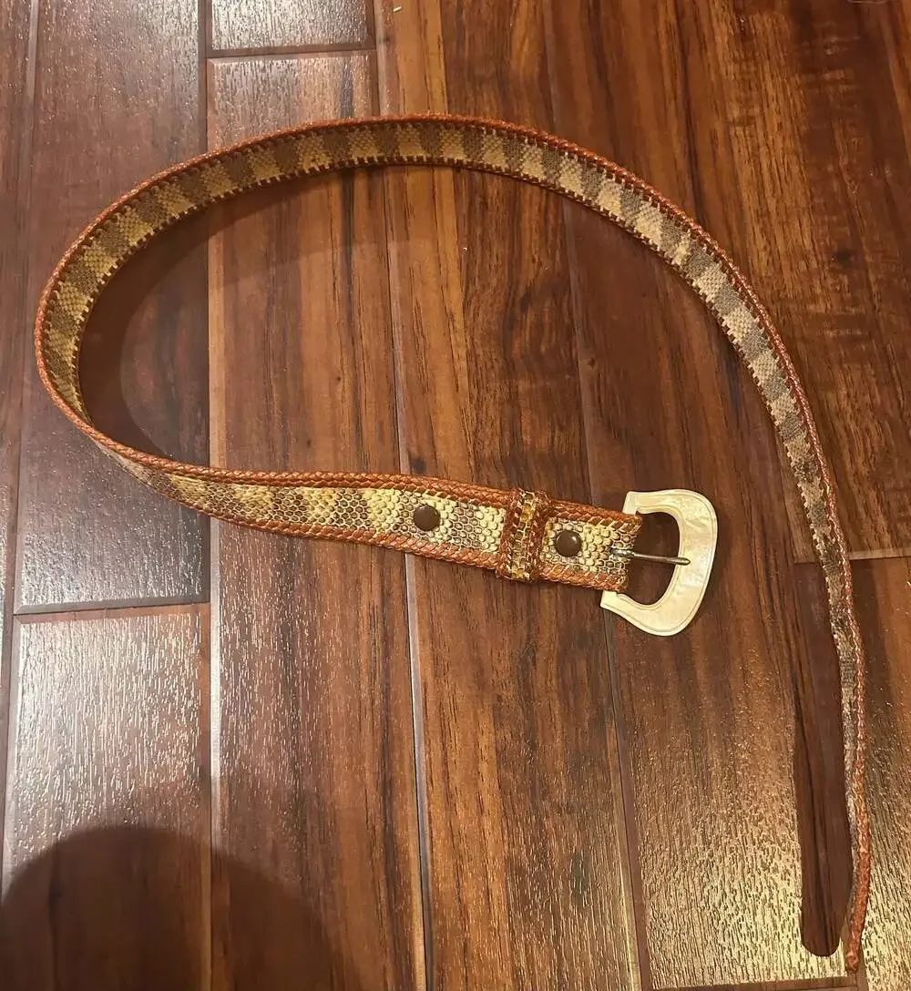 Vintage Snakeskin Pattern Woven Leather Belt with Mother of Pearl Style Buckle